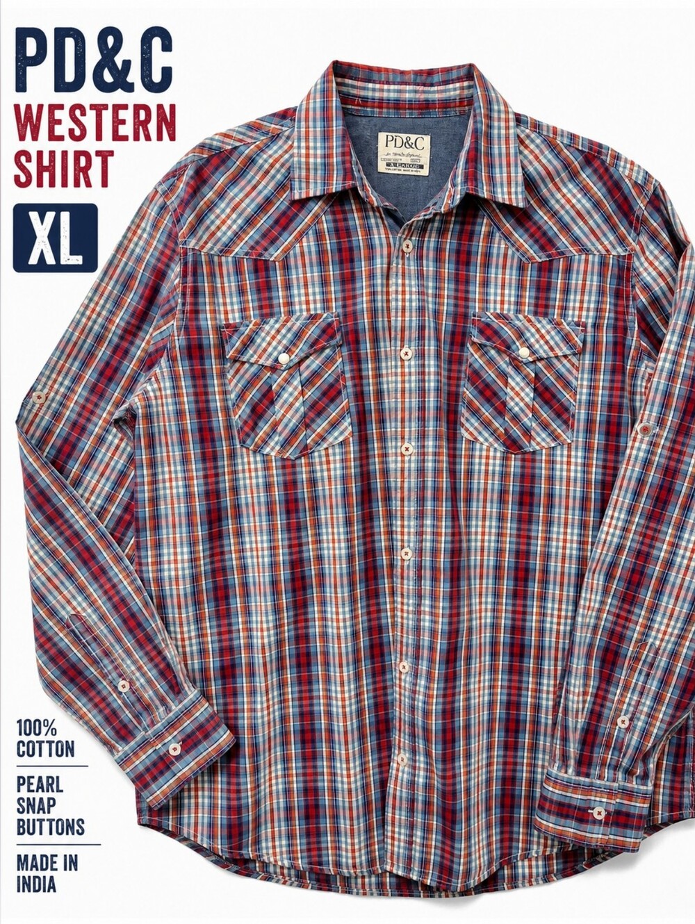 PD&C Western Plaid Pearl Snap Shirt Men’s XL Red Blue Cowboy Ranch Rodeo